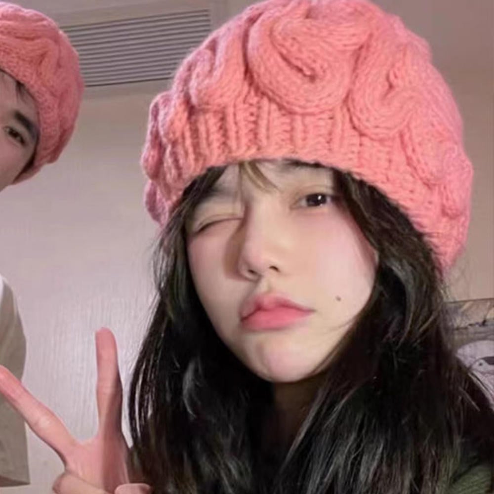 Pink Knitted Wool Hat for Women | Embroidered Cap