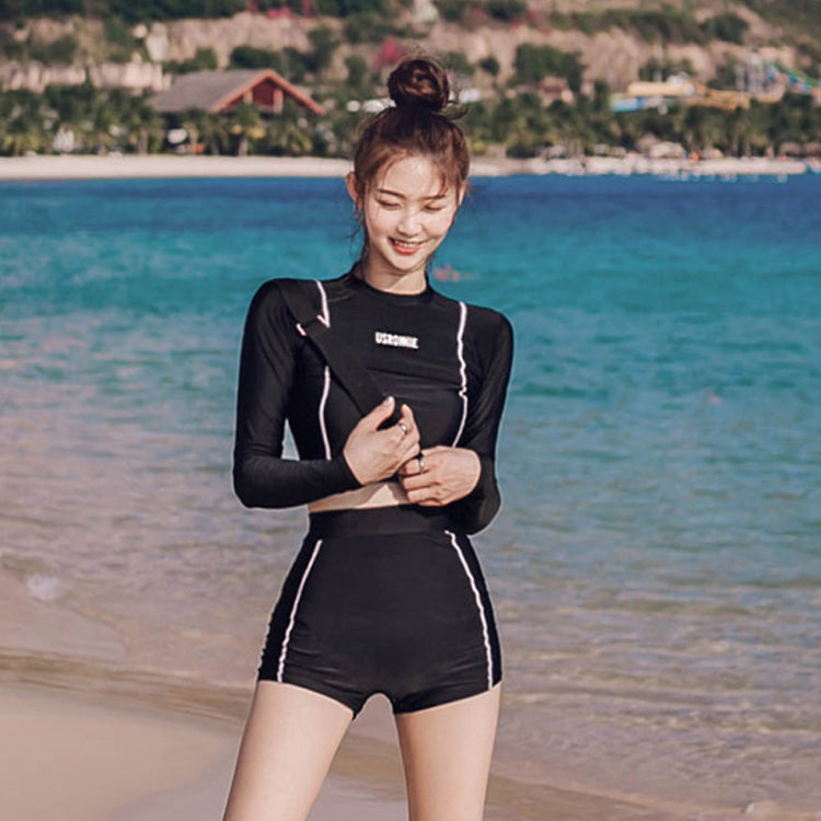 Korean Women's High Neck Long Sleeve Swimsuit Set