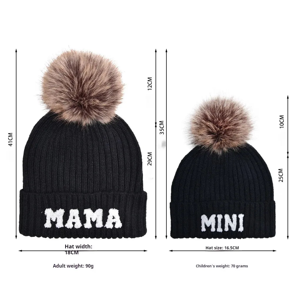 Kunyeah 3Pcs Parent-Child Beanie Hat Mama Papa Baby Matching Hats Winter Warm Cap with Pom-Pom Women Men Knitted Hat | Embroidered Cap