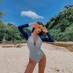 Color Block Long Sleeve Backless One-Piece Swimsuit