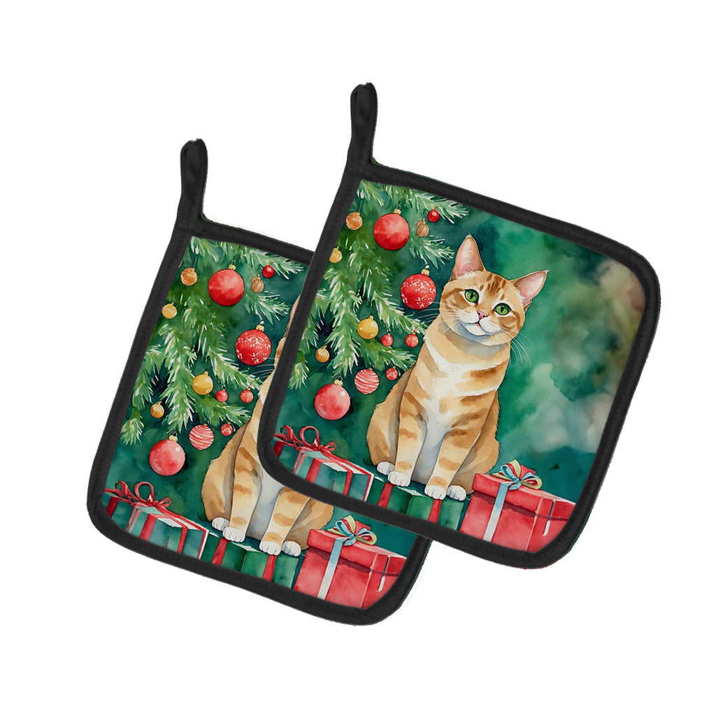 Malayan Cat By the Christmas Tree Pair of Pot Holders