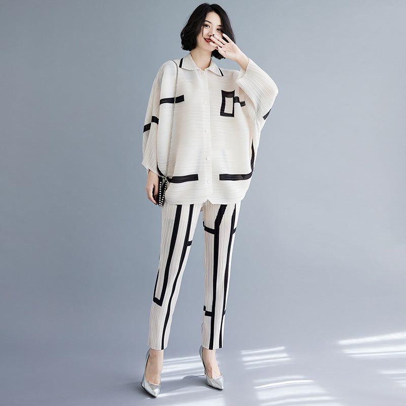 Women's Geometric Pleated Cardigan Set for Fall/Winter