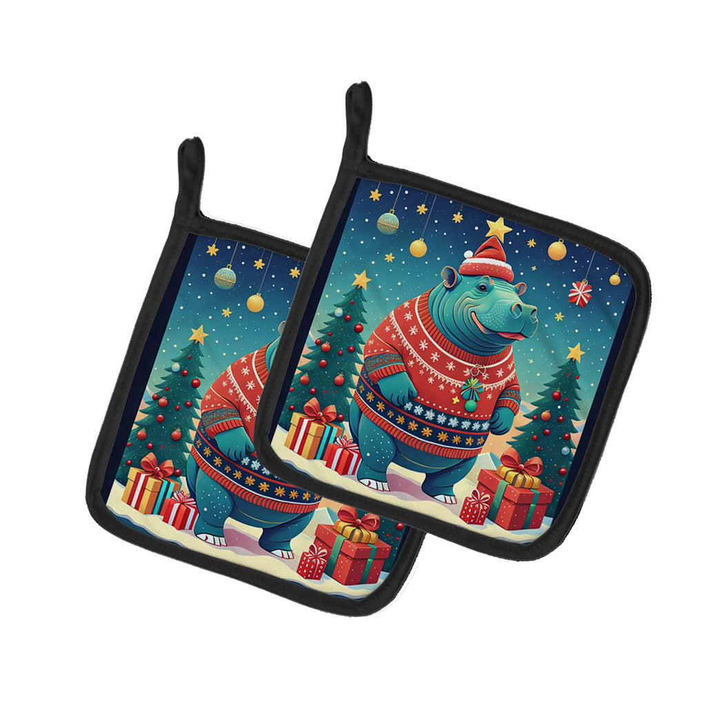 Hippopotamus Christmas Pair of Pot Holders