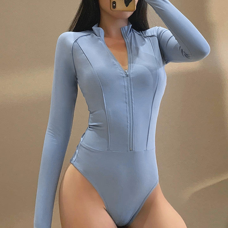 Winter Women's Zipper Long Sleeve Solid Color Bodysuit