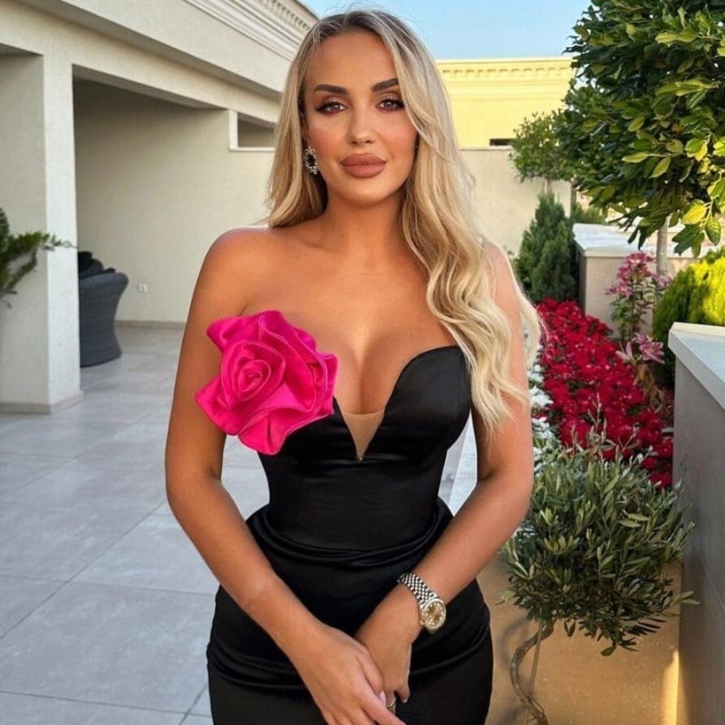 Black Tube Top Deep V Applique Bandage Dress