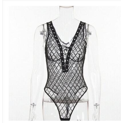 Fashionable Deep V Lace-Up Hollow Mesh Bodysuit