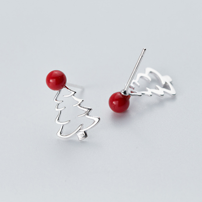 Silver Christmas Earrings with Cute Hat and Tree