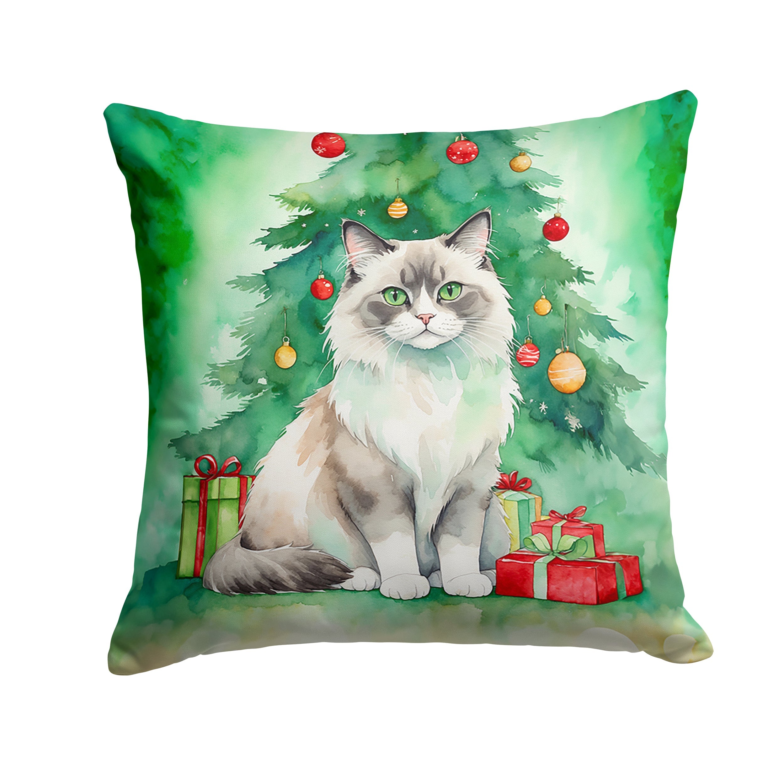 Ragdoll Cat By the Christmas Tree Throw Pillow