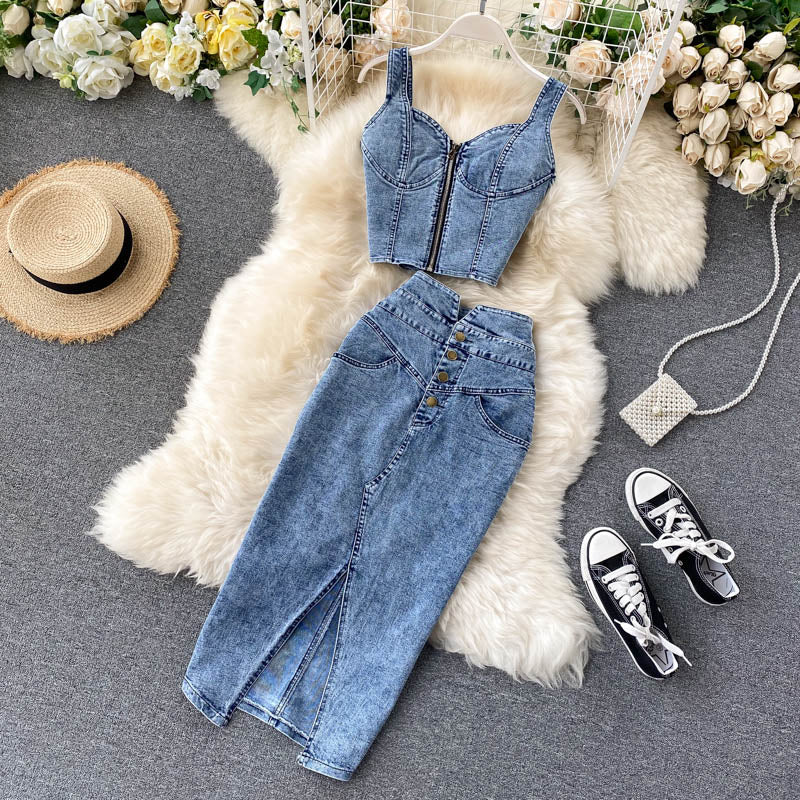 2020 New Women's Ins Style Crop Top & Denim Skirt Set