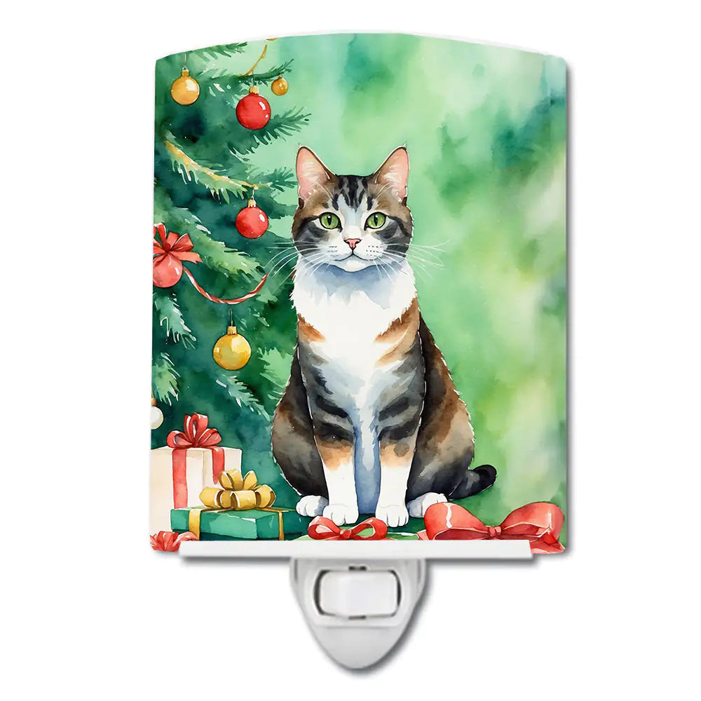 Manx Cat By the Christmas Tree Ceramic Night Light