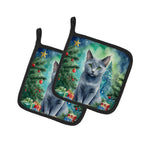 Russian Blue Cat By the Christmas Tree Pair of Pot Holders