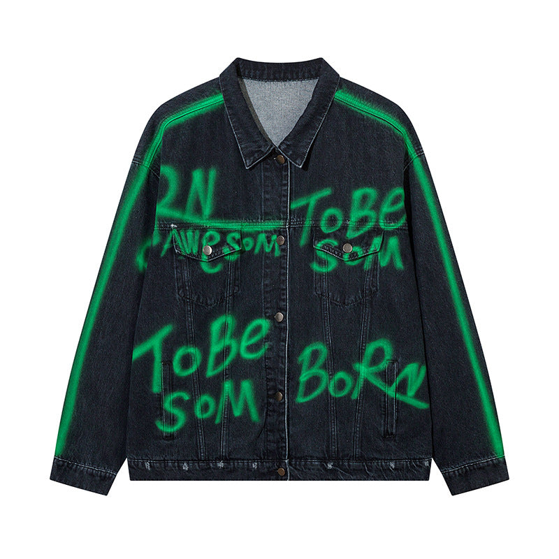 Hip Hop Inkjet Patterned Denim Jacket with American Letters