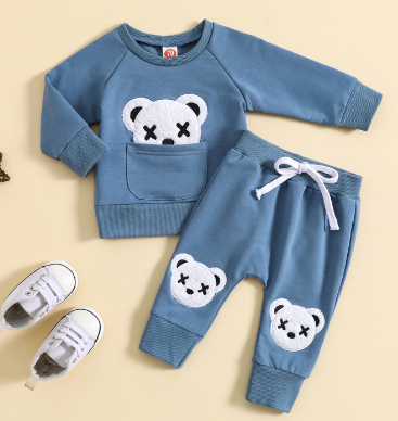 Tony Bear Embroidered Sweatshirt Set (One Set) | Streetwear