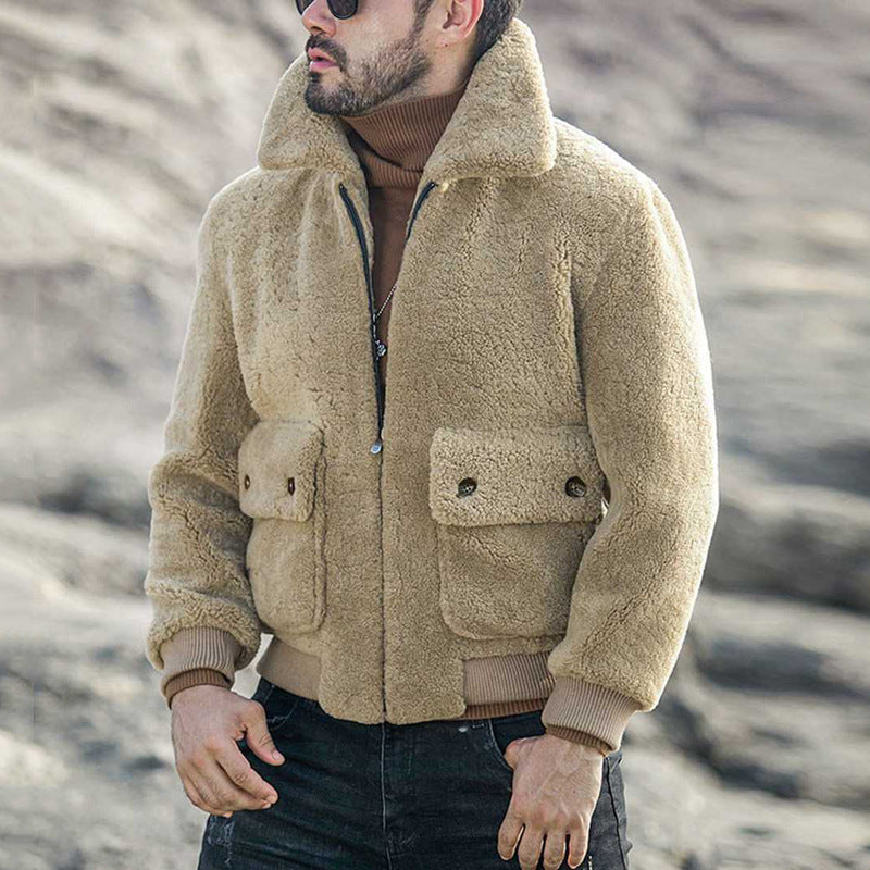 Padded Plush Coat with Lapel and Zipper Detail