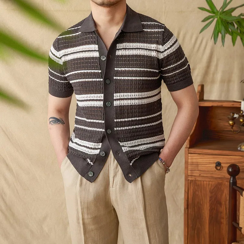 Men's Summer Stripes Lapel Cardigan Polo