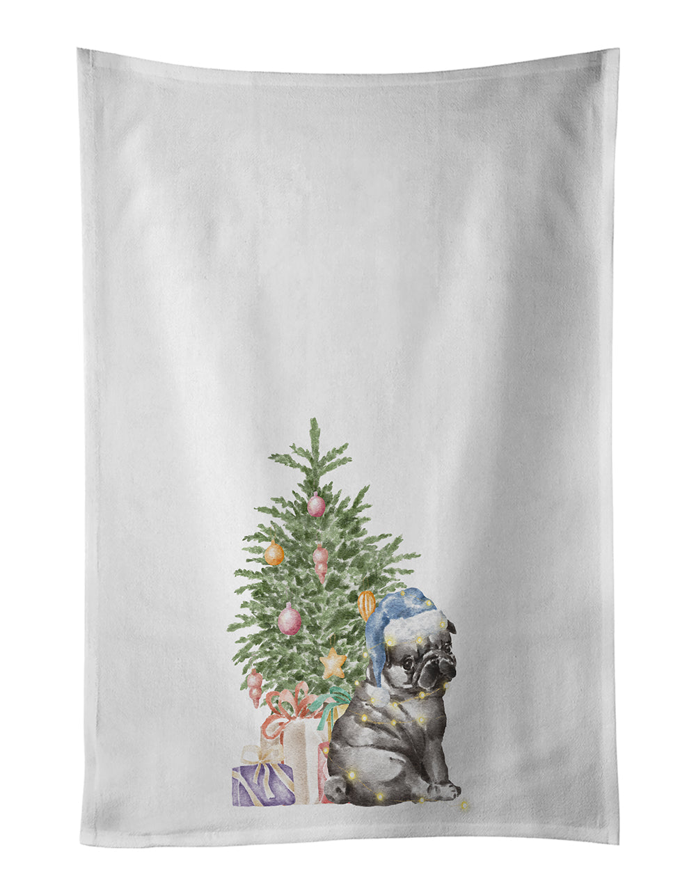 Pug Black Puppy Christmas Presents and Tree Kitchen Towel Set of 2