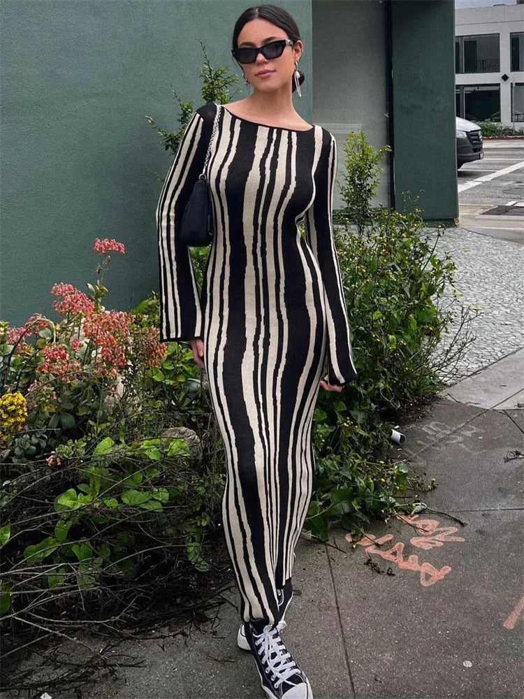 Tossy Knit Striped Long Wrap Dress for Women Fashion