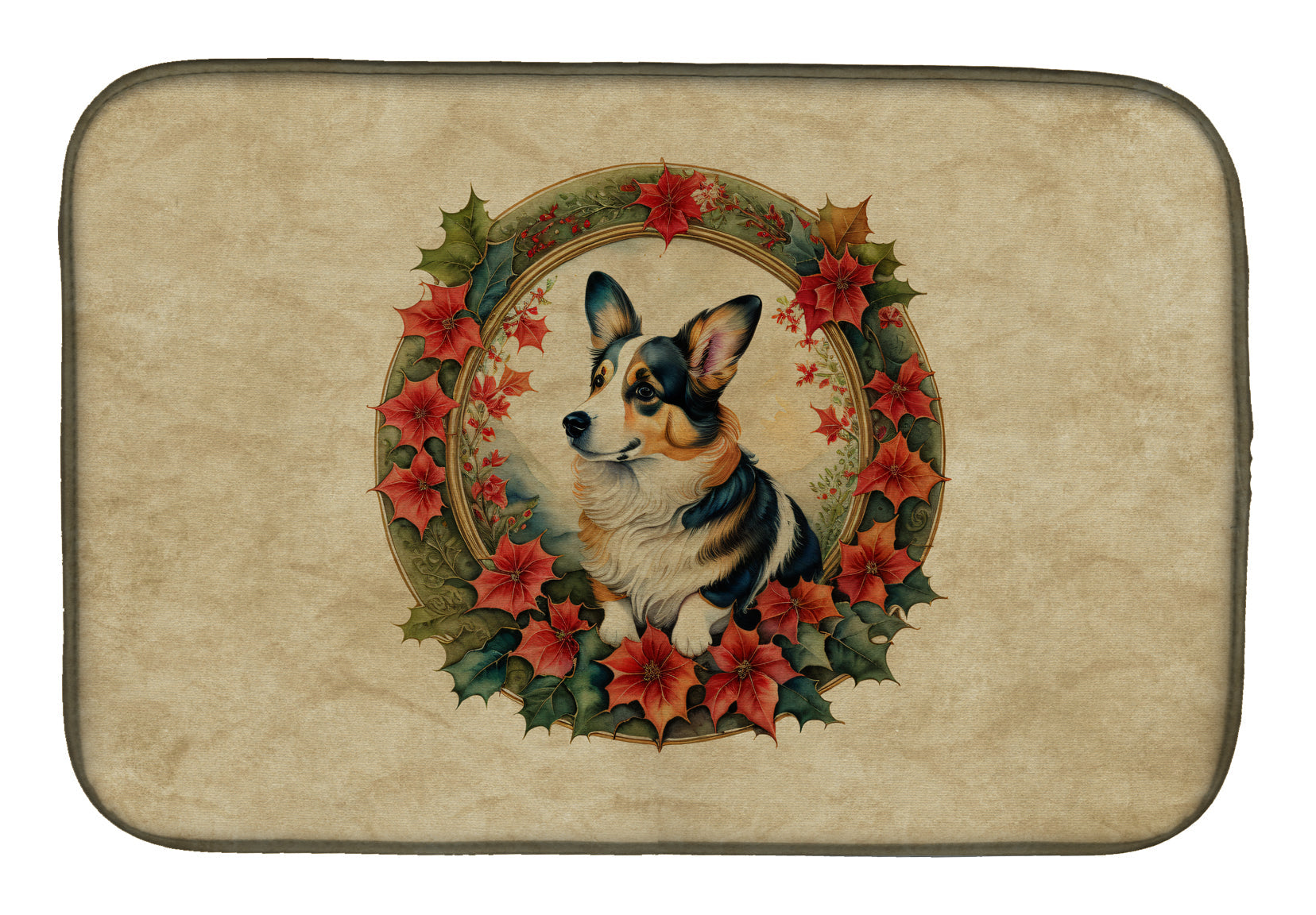 Corgi Christmas Flowers Dish Drying Mat