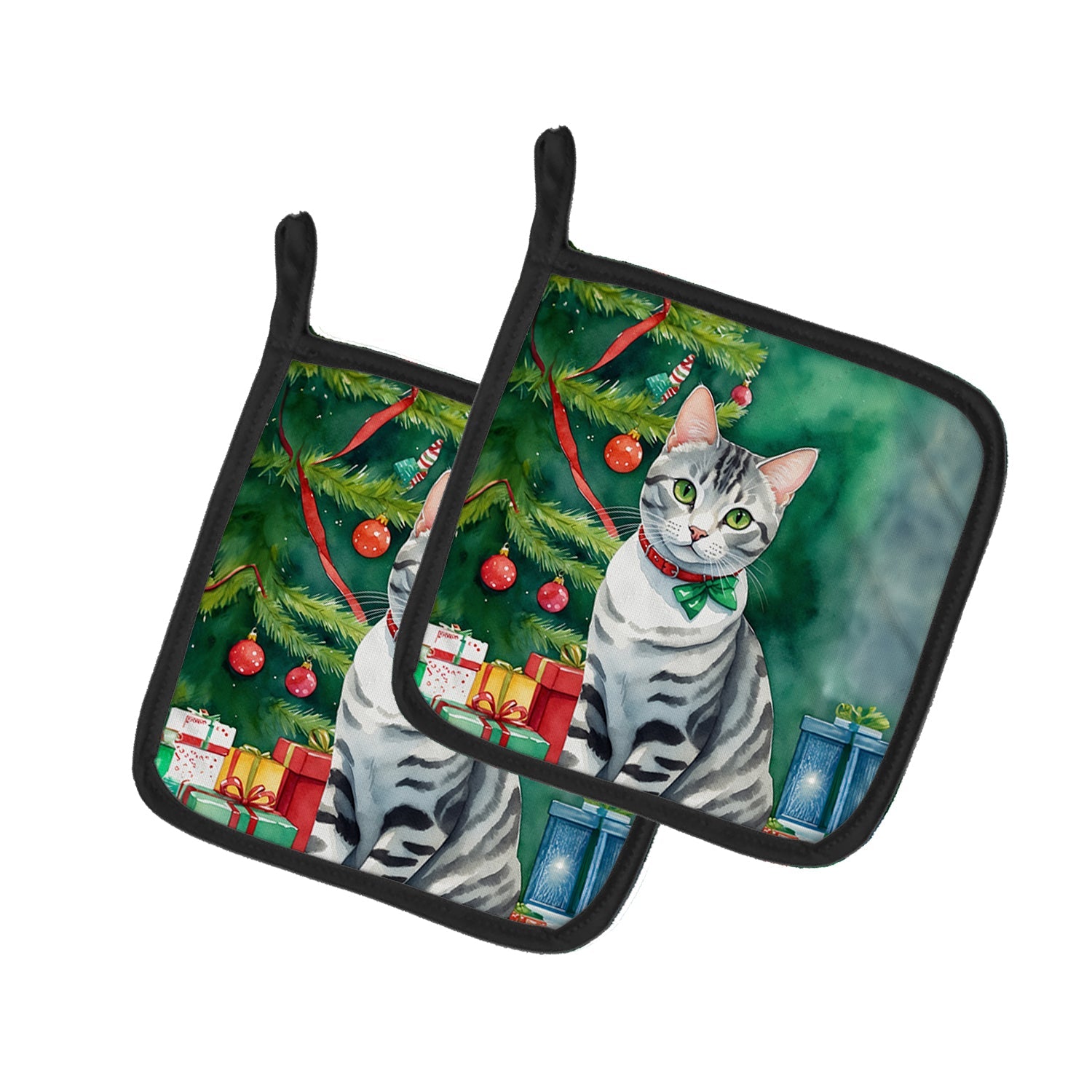 American Shorthair Cat By the Christmas Tree Pair of Pot Holders