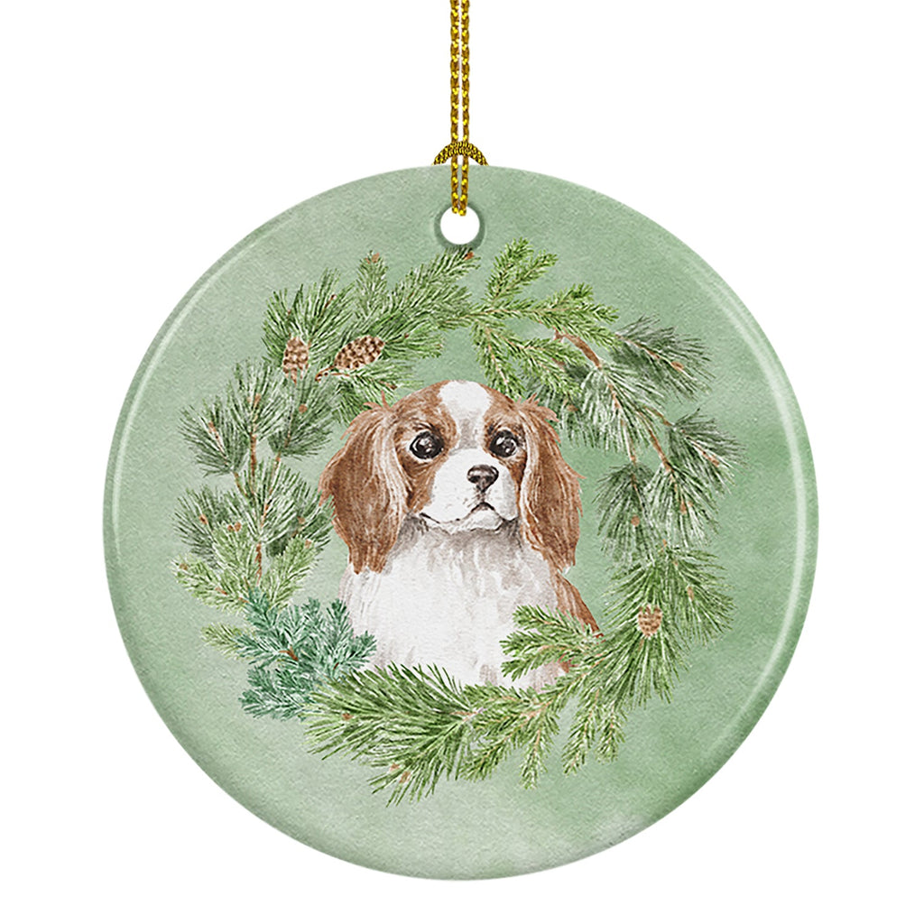 Cavalier Spaniel Blenheim Puppy Wide Eyed Christmas Wreath Ceramic Ornament