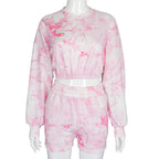 Tie-Dye Print Crop Top and Shorts Set for Fall