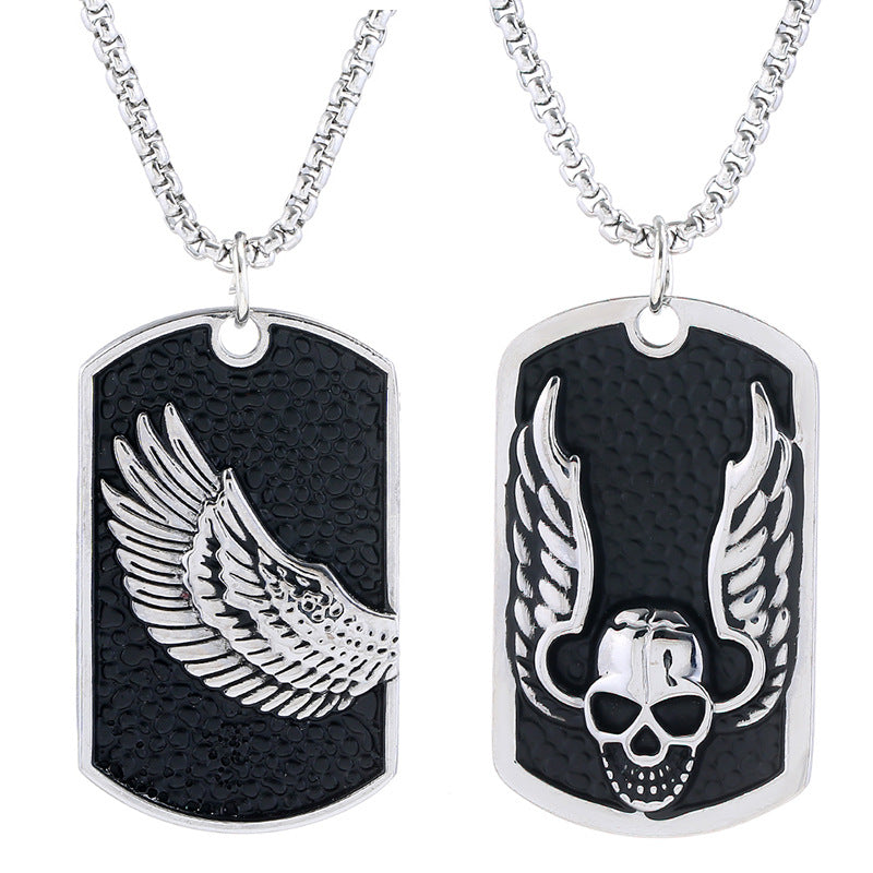 Winged Skull Dog Tag Pendant Necklace