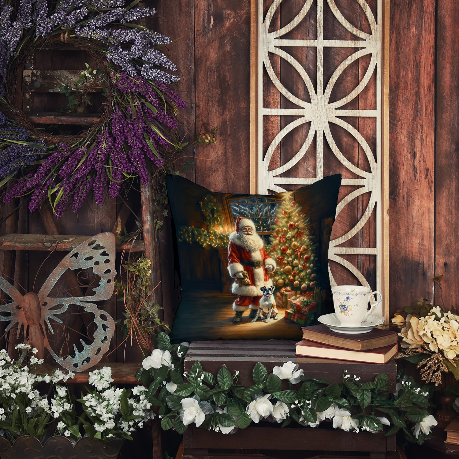 Boxer and Santa Claus Throw Pillow