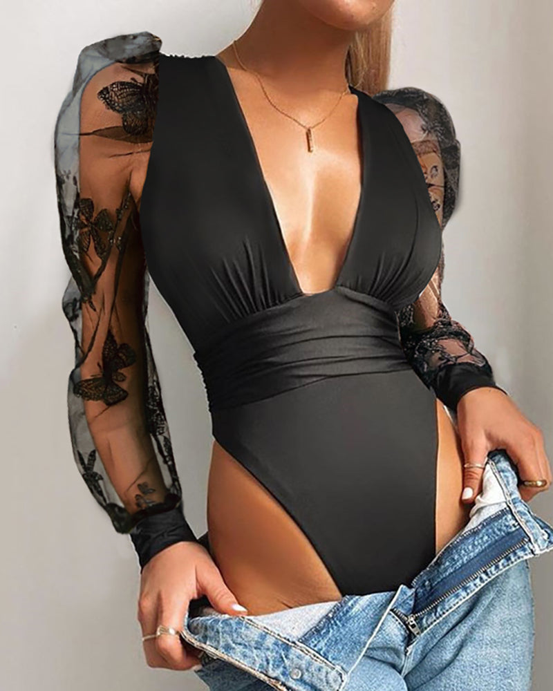 Winter Women's Sexy Lace Bubble Sleeve Bodysuit