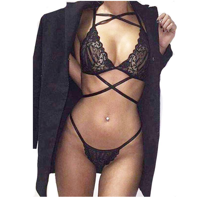 Lace Lingerie Set with Straps - Three-Piece Design
