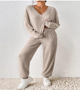 WOLFF Women's V-Neck Knit Set with Straight Pants (One Piece)