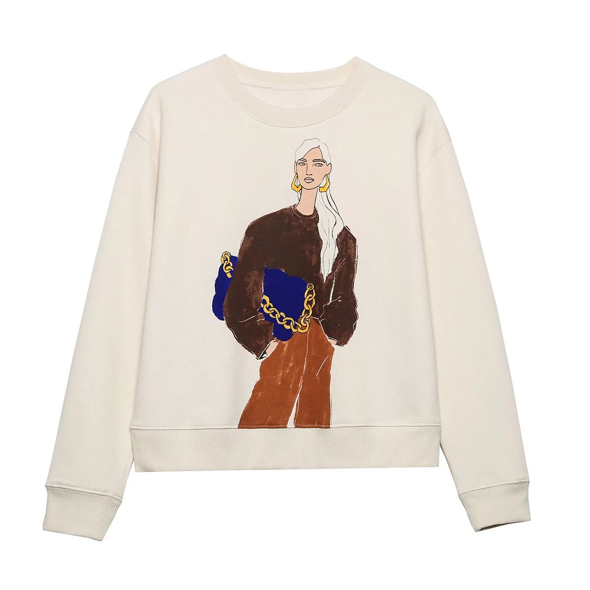Women's Round Neck Printed Long-sleeved Sweater