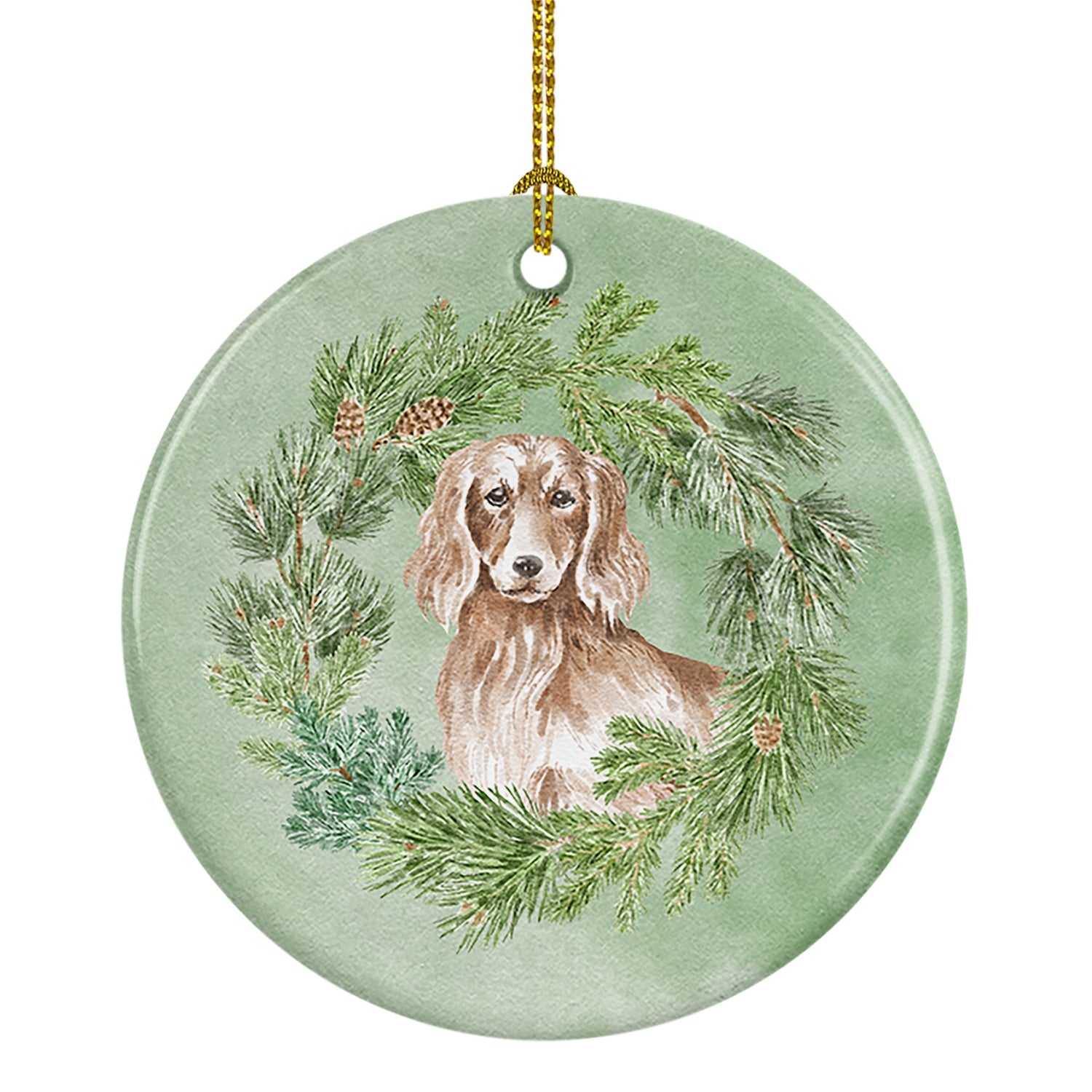 Dachshund Red Longhaired Christmas Wreath Ceramic Ornament
