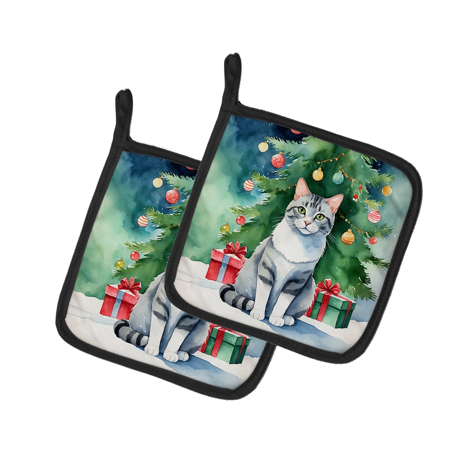 Aegean Cat By the Christmas Tree Pair of Pot Holders