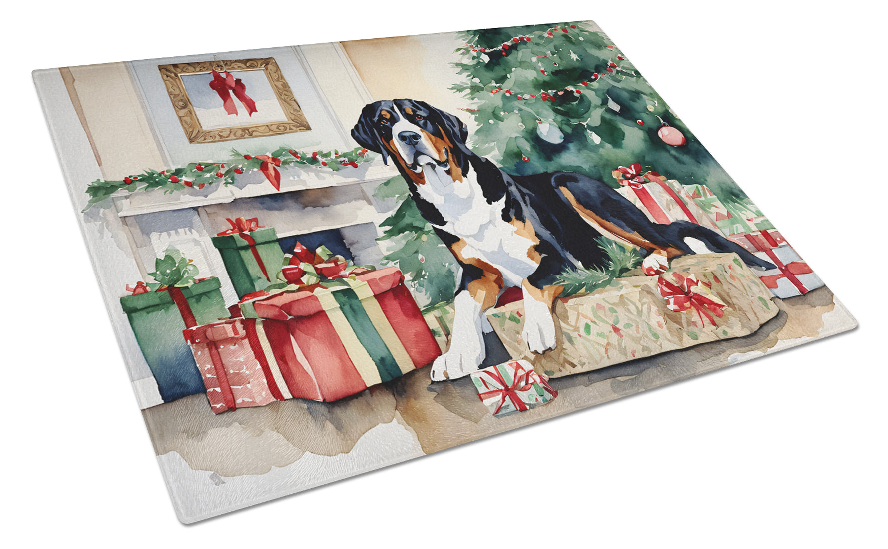 Greater Swiss Mountain Dog Cozy Christmas Glass Cutting Board