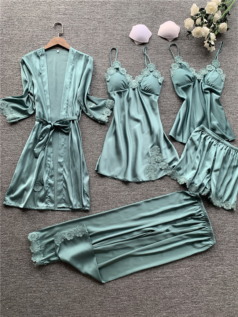 Silk Five-Piece Women's Sleepwear Set with Bra Pads