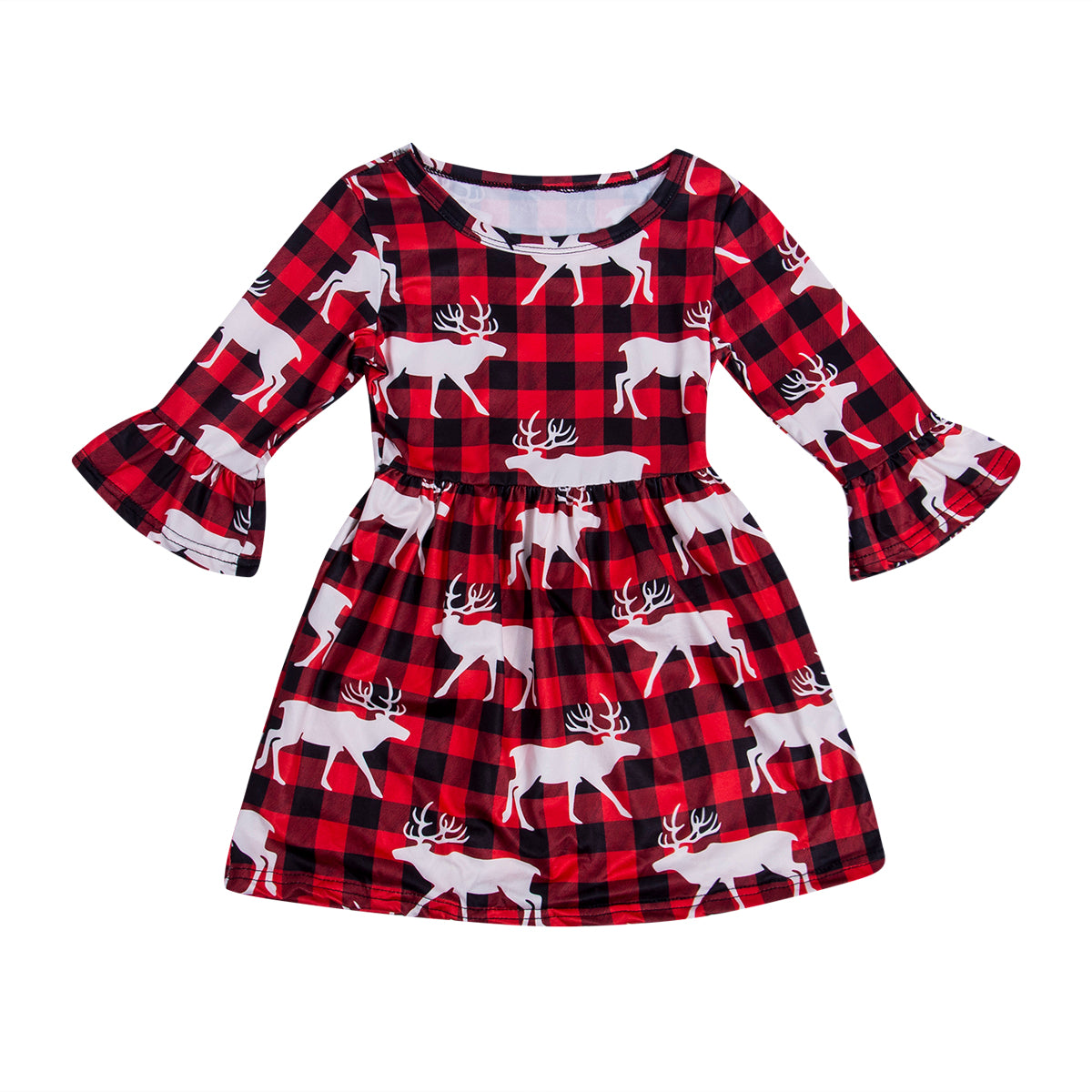 Christmas Plaid Reindeer Print Princess Dress for Kids