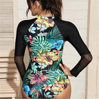 Women's Long-Sleeved Mesh One-Piece Swimsuit