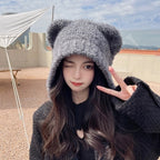 Wool Blended Knitted Bear Ear Hat for Warmth | Embroidered Cap