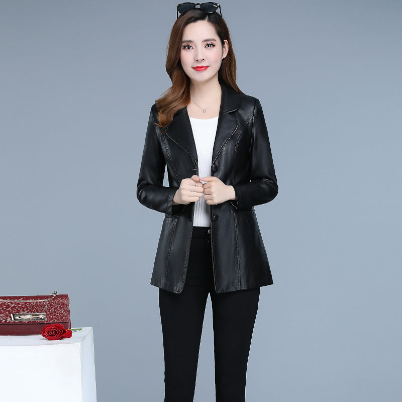 Slim Fit Women’s Short Leather Jacket with Suit Collar
