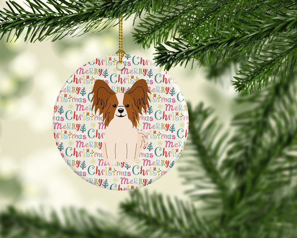 Merry Christmas Papillon Red White Ceramic Ornament