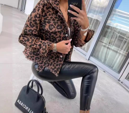 Women's Denim Jacket for Winter - Casual Leopard Print