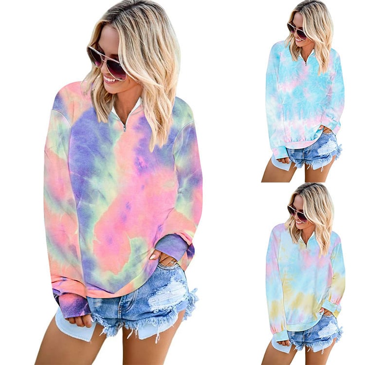 Tie Dye Print Long Sleeve Zip Collar Sweatshirt | Streetwear