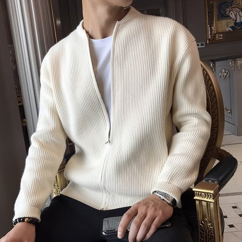Solid Color Stand Collar Zipper Knitted Cardigan
