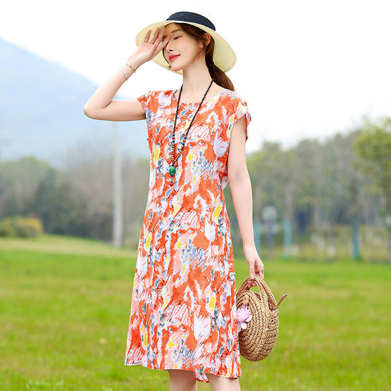 2024 Floral Dress for Middle-Aged Women in Cotton Blend