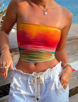 Y2K Strapless Tube Crop Top with Floral Design (One Piece)