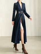 Women's Autumn Winter Blue Plaid Wool Coat with Collar