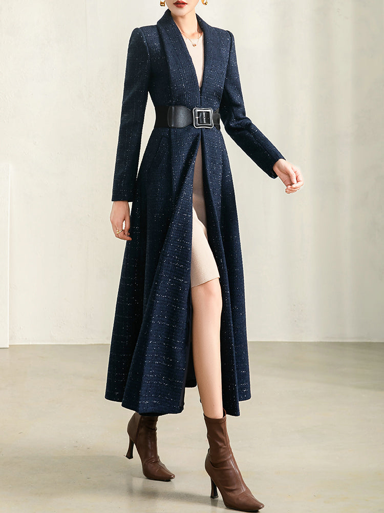 Women's Autumn Winter Blue Plaid Wool Coat with Collar