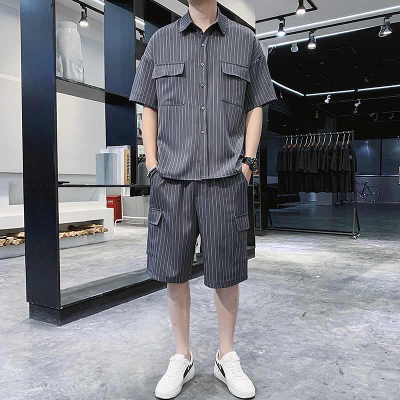 Men's Fashion Striped Shirt and Jacket Shorts Set