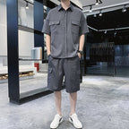 Men's Fashion Striped Shirt and Jacket Shorts Set
