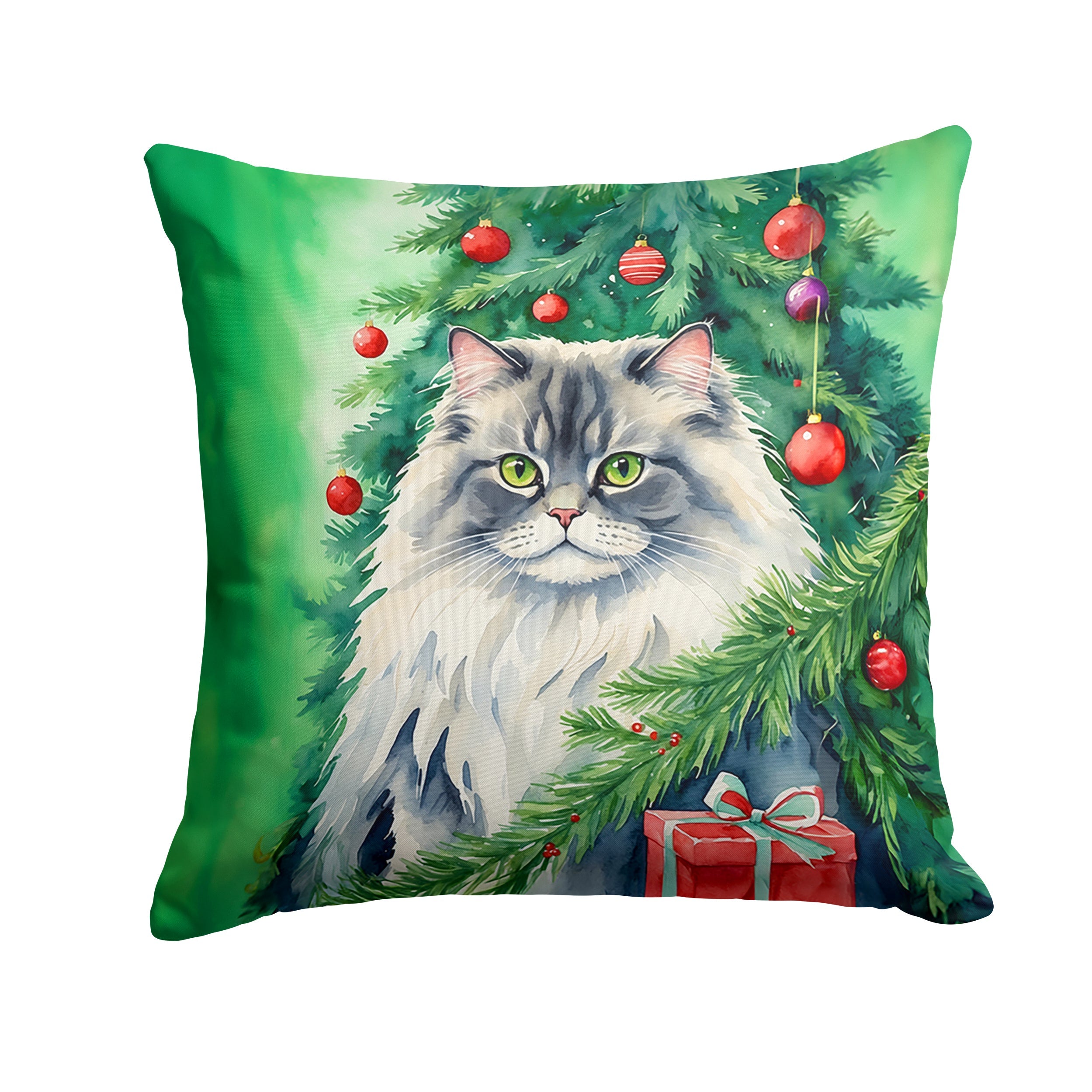 British Longhair Cat By the Christmas Tree Throw Pillow